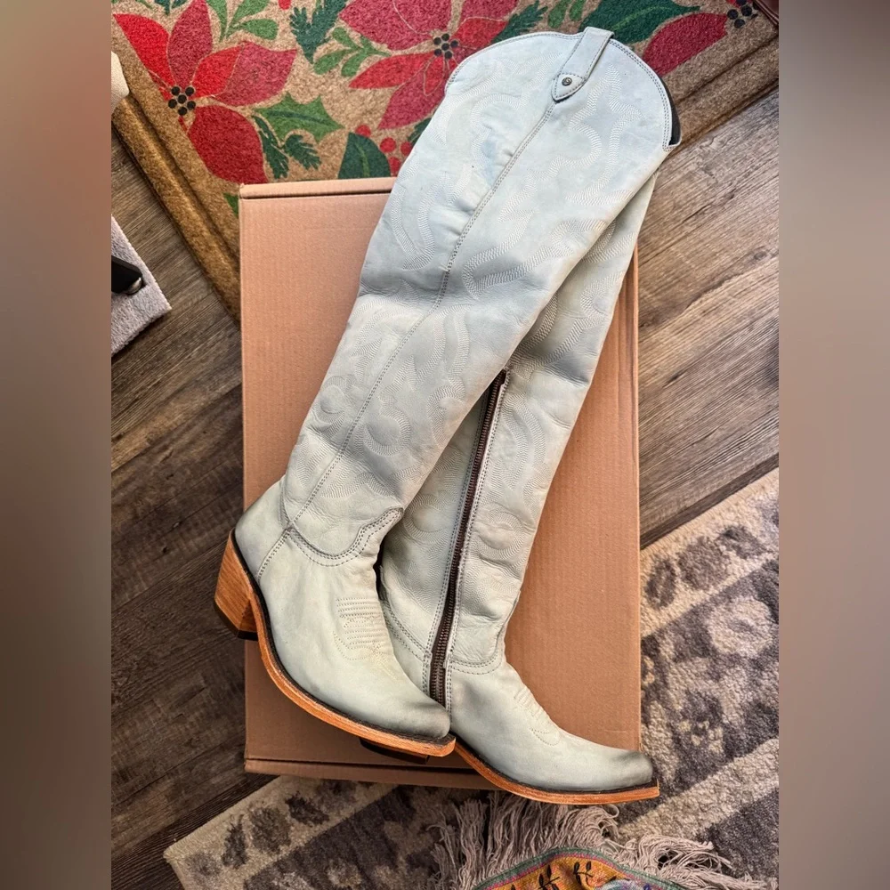 LIBERTY Black Allyssa Over the Knee Western Cowboy Boots in Light Blue